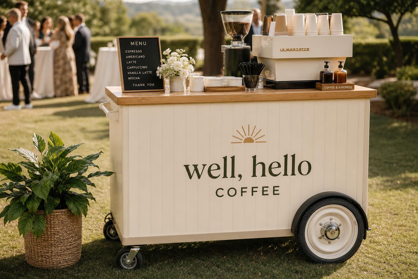 Cream and olive green mobile coffee cart serving guests at an outdoor event